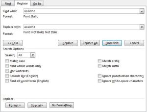 Searching for an italicised word and replacing it with an unformatted version